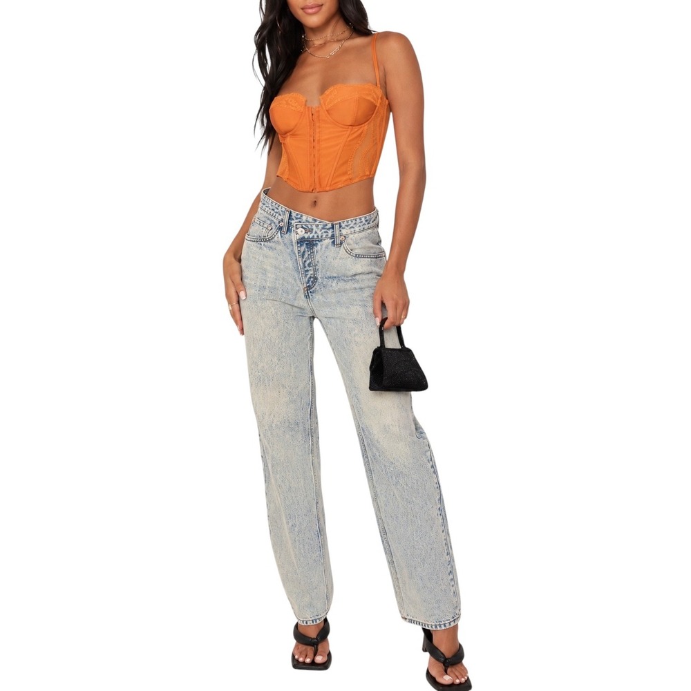 Edikted Asymmetrical Crossover Waist Acid Wash Boyfriend Baggy StraightLeg Jeans